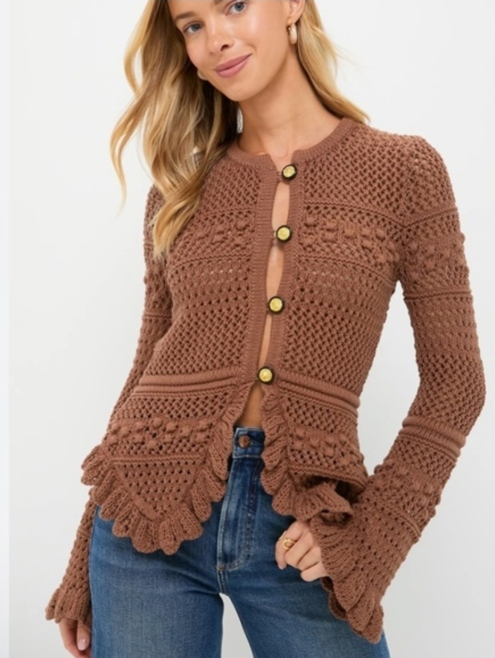 L'AGENCE Kiva Knit Cardigan Cinnamon Swirl Brown Gold Sz Small